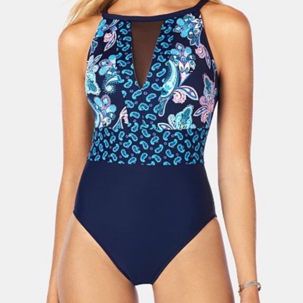 Swim Solutions High Neck Insert Mio One Piece Navy‎ Paisley Swimsuit 18 NEW